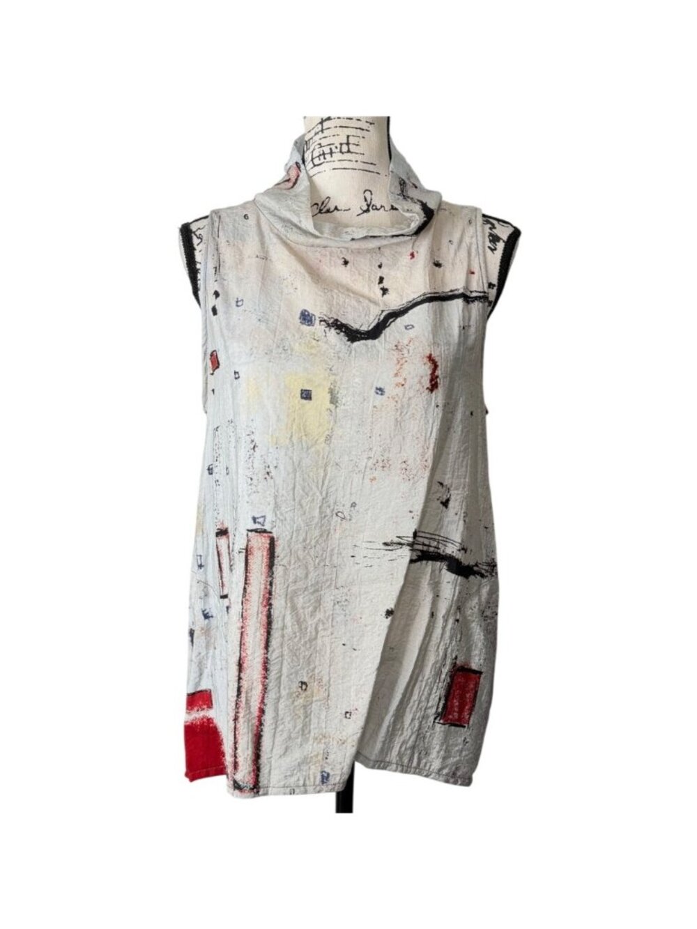 3 Potato Womens Size L Sleeveless Tunic Abstract Print Top Cowl Neck Art to Wear